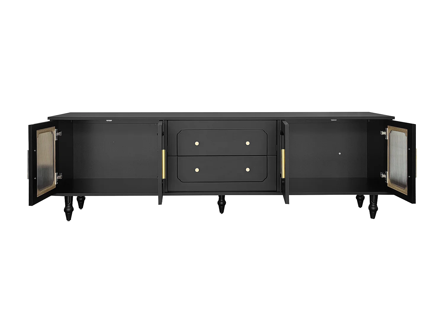 Meuble TV avec 4 portes verres et 2 tiroirs - Bois PB - Noir 175x38x55.5cm
