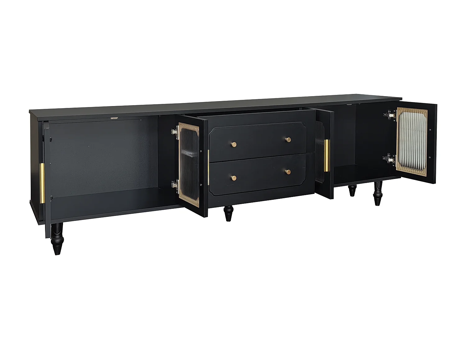 Meuble TV avec 4 portes verres et 2 tiroirs - Bois PB - Noir 175x38x55.5cm