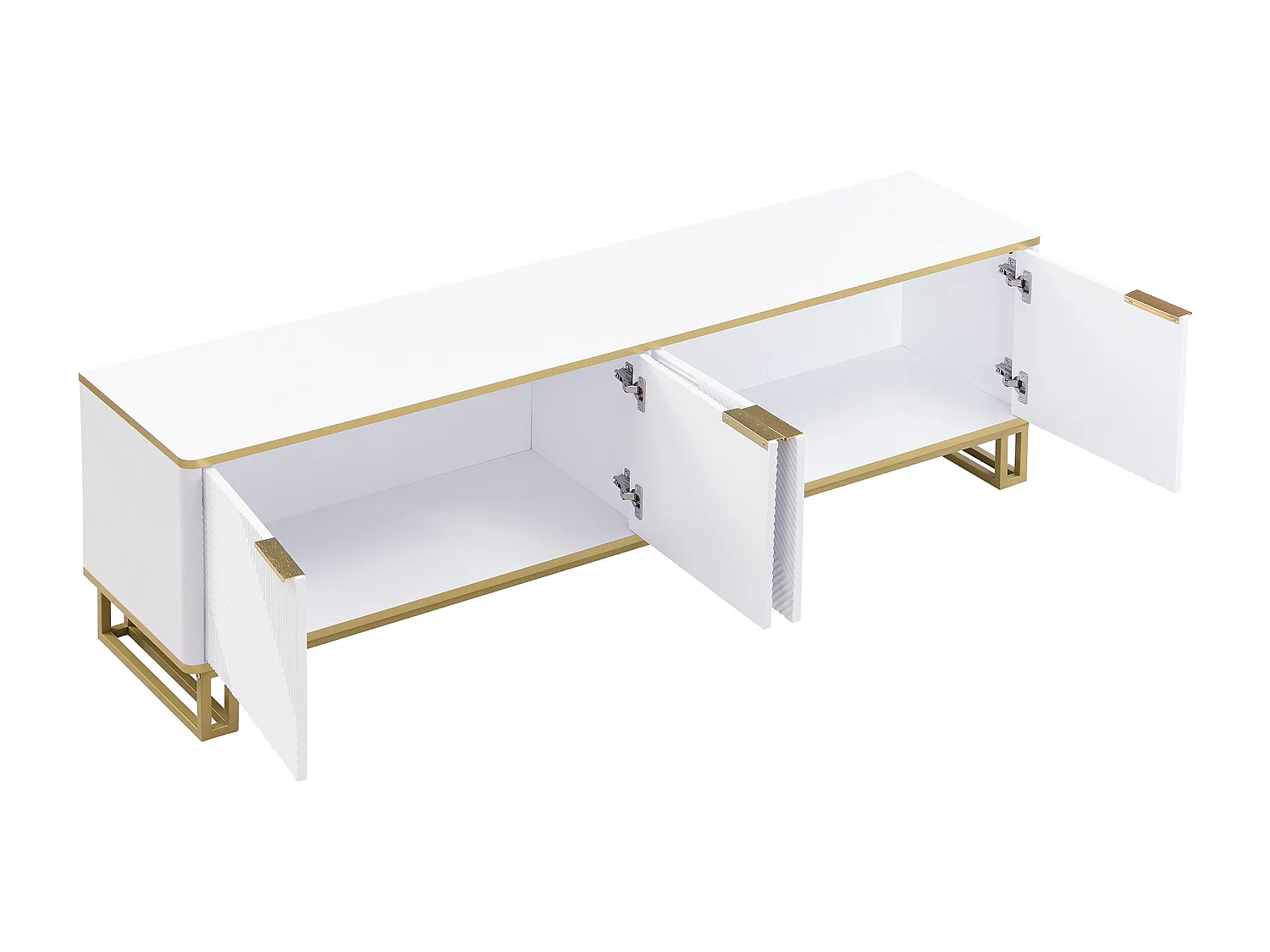 Meuble TV à 4 portes avec texture géométrique - Bois MDF et métal - Blanc et doré