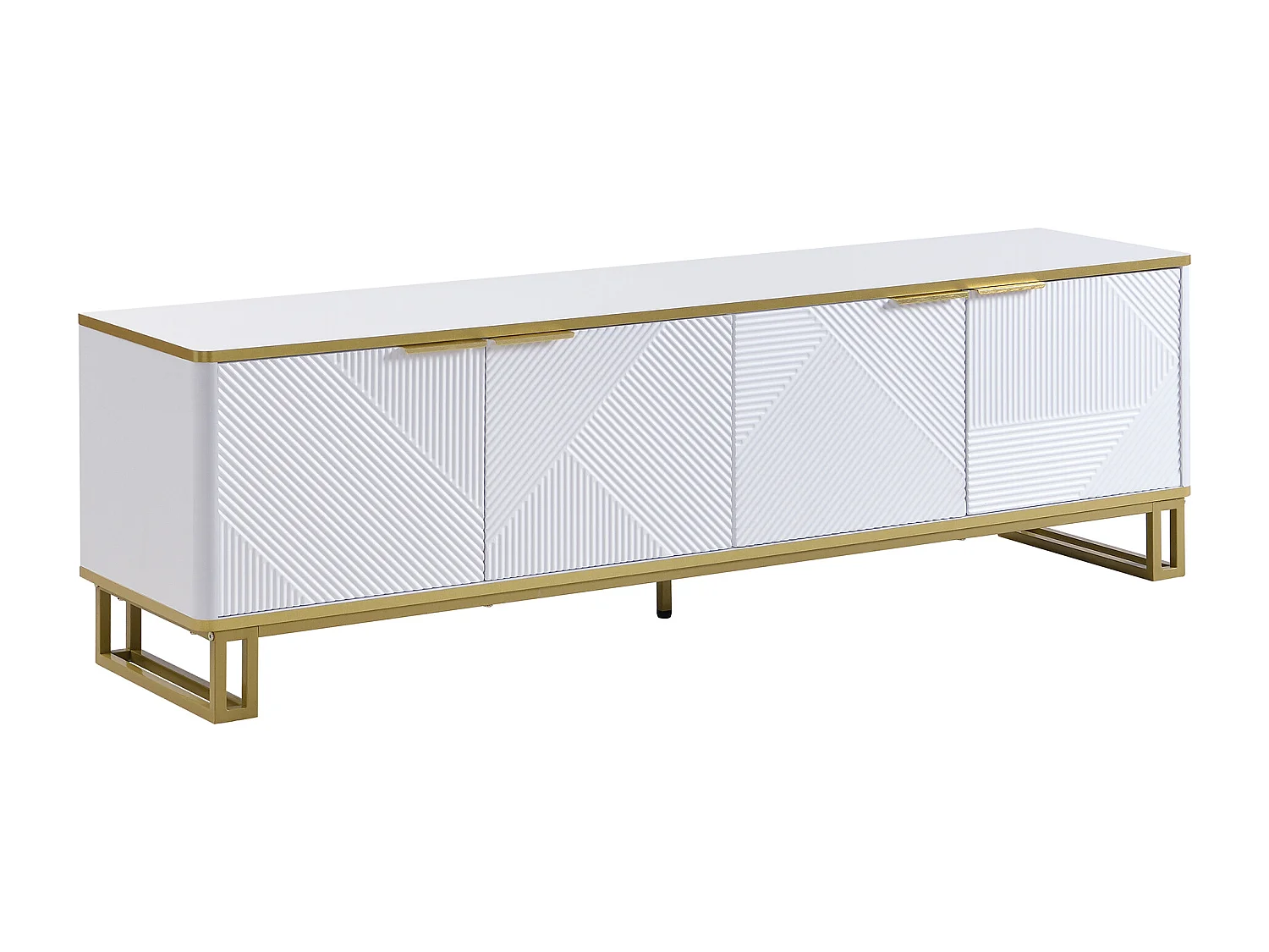Meuble TV à 4 portes avec texture géométrique - Bois MDF et métal - Blanc et doré