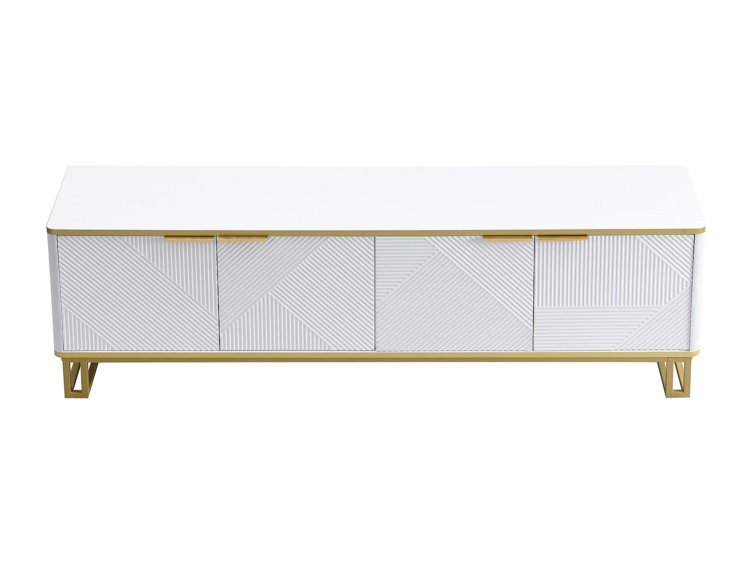 Meuble TV à 4 portes avec texture géométrique - Bois MDF et métal - Blanc et doré