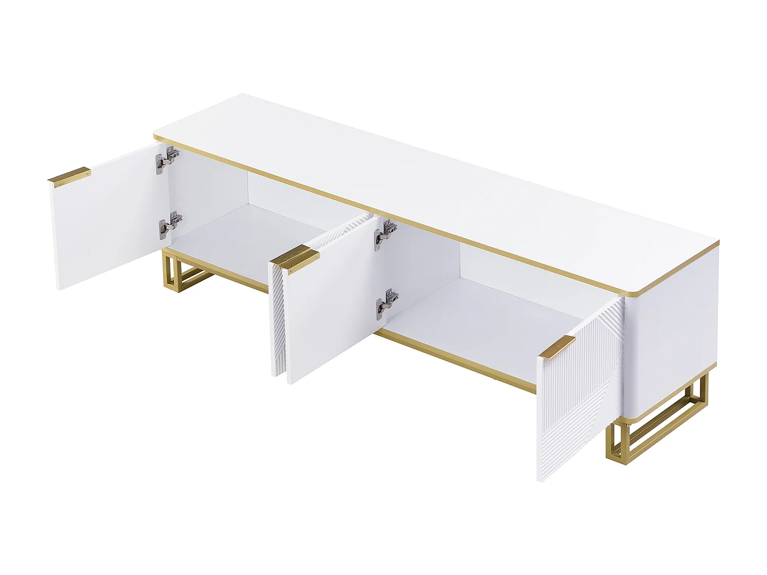 Meuble TV à 4 portes avec texture géométrique - Bois MDF et métal - Blanc et doré