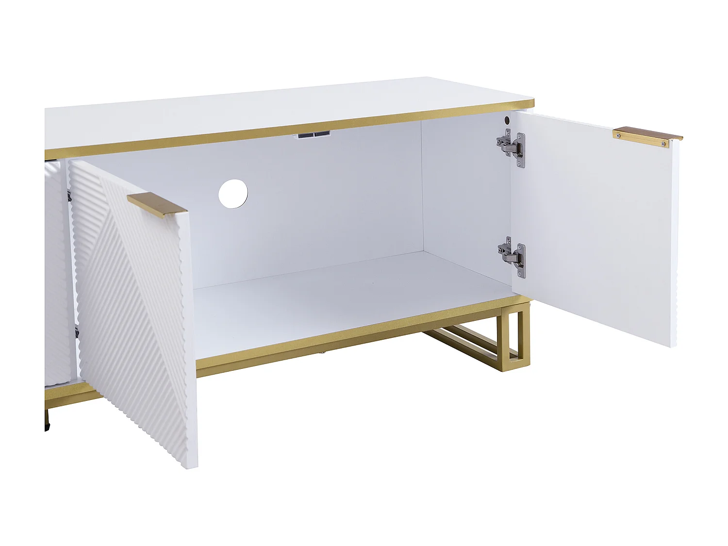 Meuble TV à 4 portes avec texture géométrique - Bois MDF et métal - Blanc et doré