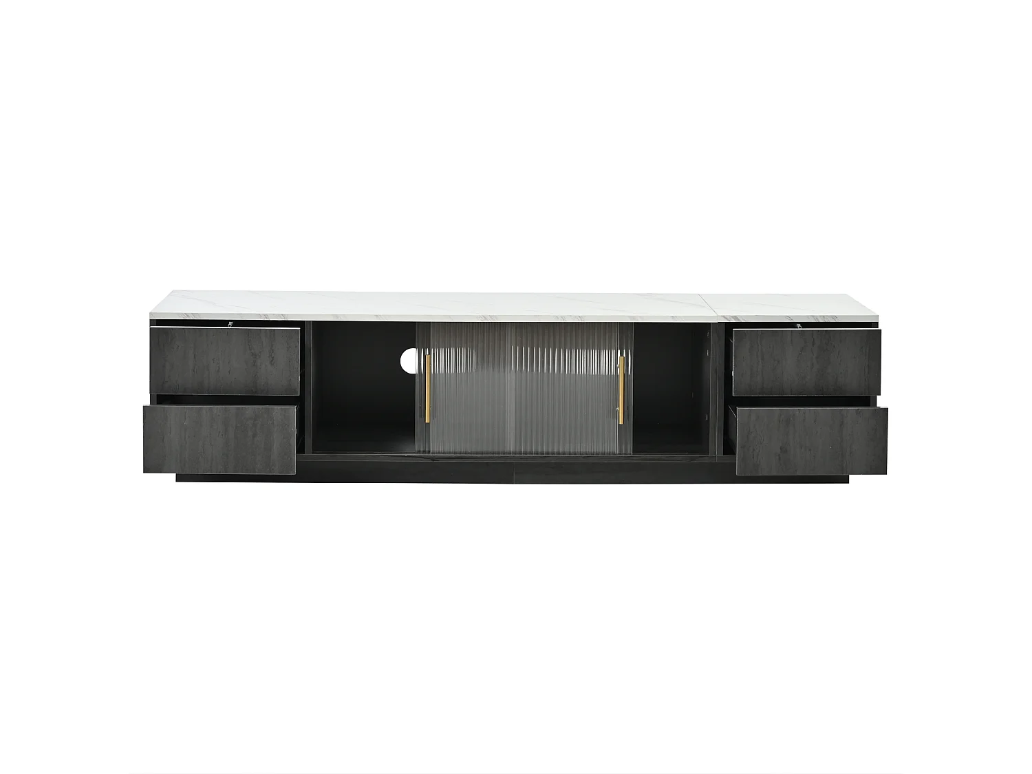 TV-meubel met 2 glazen deuren en 4 lades - Bovenblad met wit marmereffect - Grijs