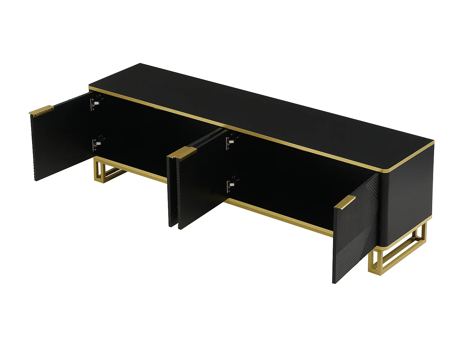 Meuble TV à 4 portes avec texture géométrique - Bois MDF et métal - Noir et doré