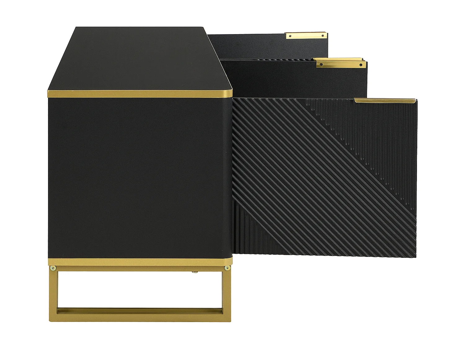 Meuble TV à 4 portes avec texture géométrique - Bois MDF et métal - Noir et doré