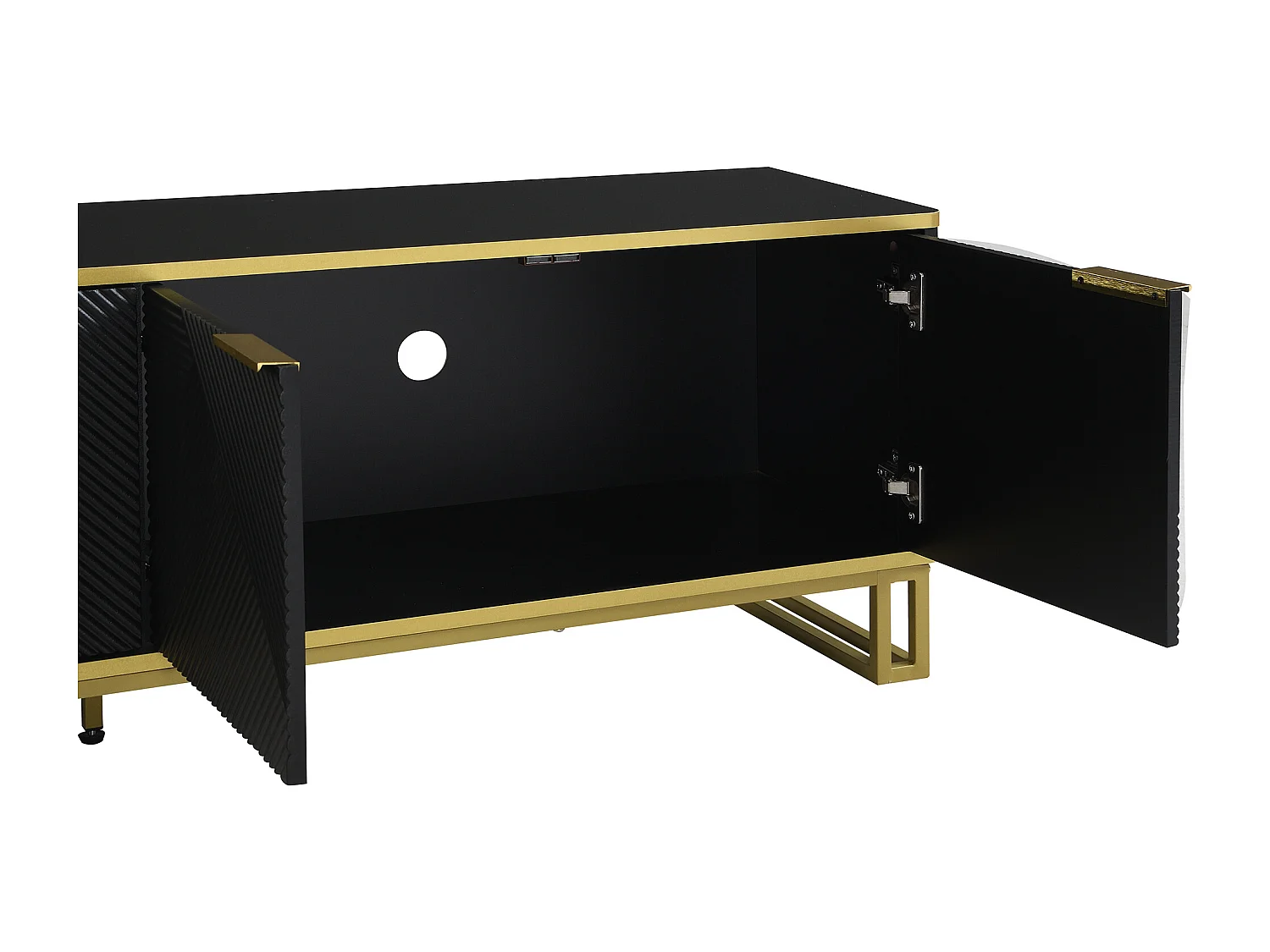 Meuble TV à 4 portes avec texture géométrique - Bois MDF et métal - Noir et doré