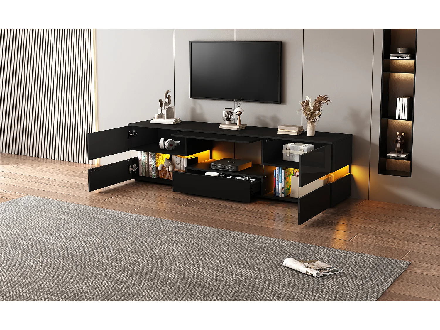 Meuble TV moderne laqué brillant avec LED, 2 portes et 1 tiroir - Noir