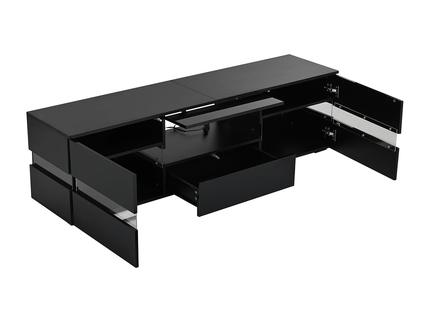 Meuble TV moderne laqué brillant avec LED, 2 portes et 1 tiroir - Noir