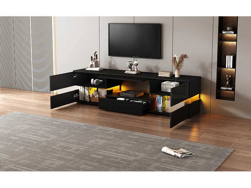 Meuble TV moderne laqué brillant avec LED, 2 portes et 1 tiroir - Noir