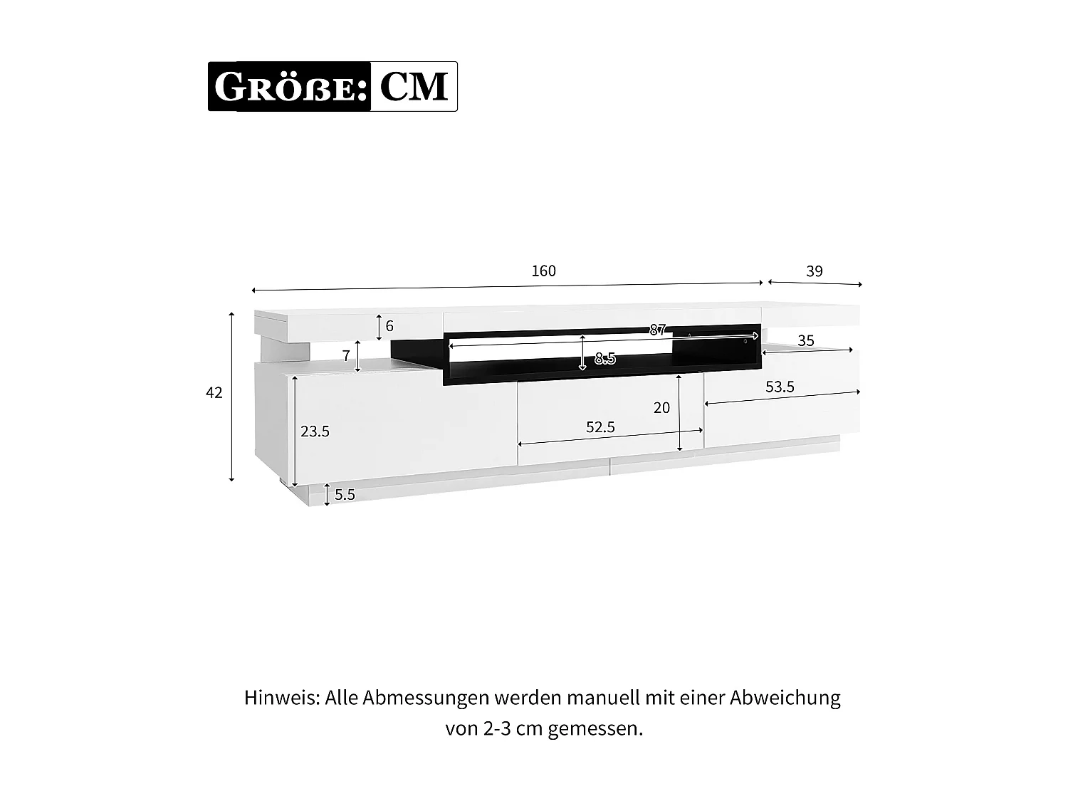 Móvel para TV com acabamento lacado brilhante, iluminação LED de 16 cores e 3 gavetas - Branco 160x39x42cm