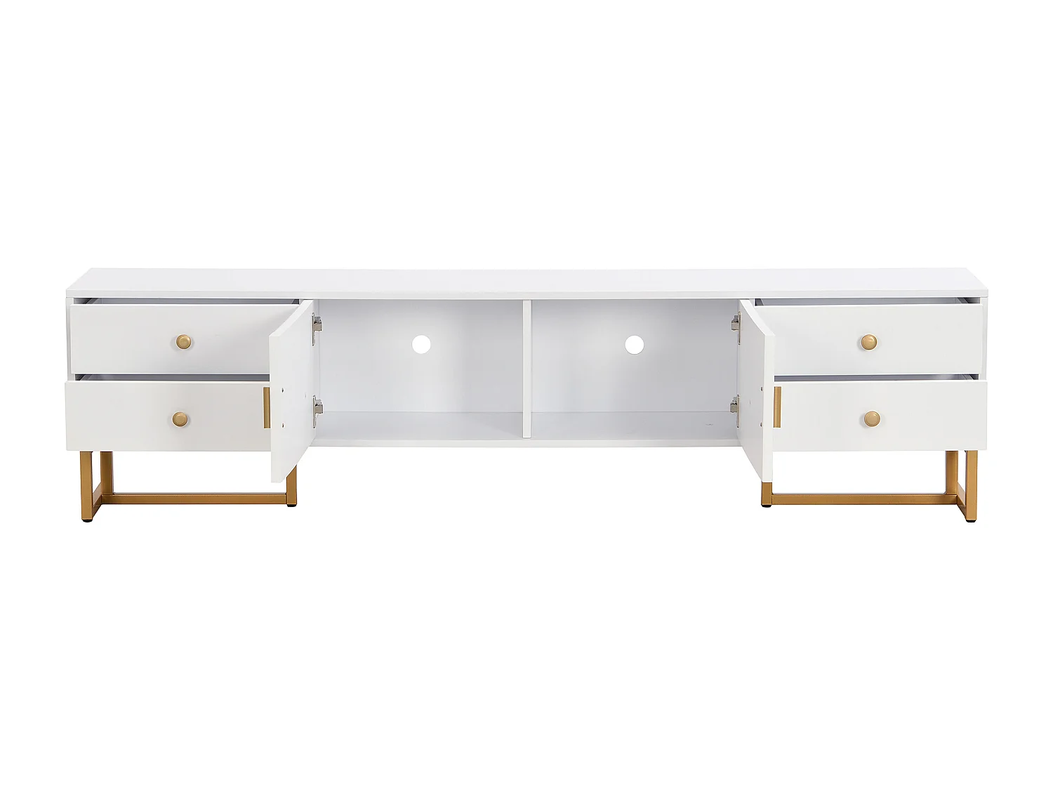 Meuble TV avec 2 portes et 4 tiroirs - Pieds en métal doré- Blanc