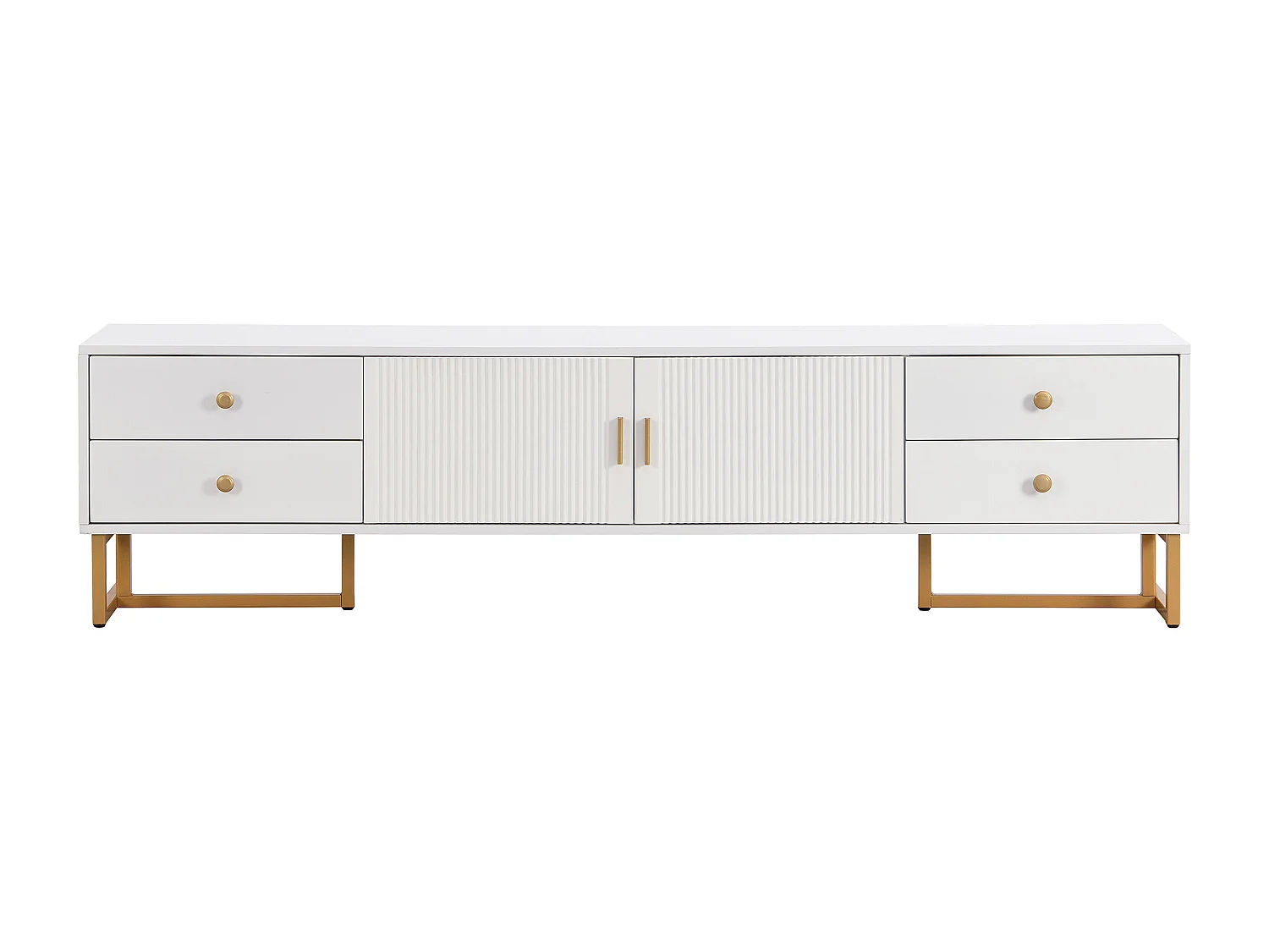 Meuble TV avec 2 portes et 4 tiroirs - Pieds en métal doré- Blanc