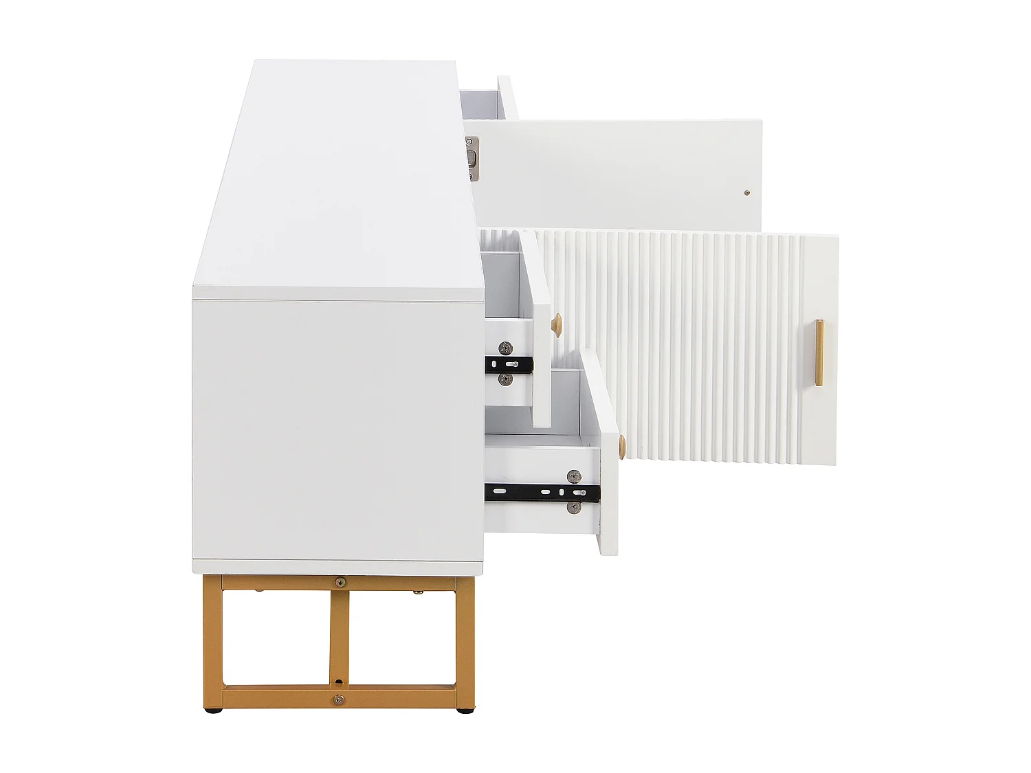 Meuble TV avec 2 portes et 4 tiroirs - Pieds en métal doré- Blanc