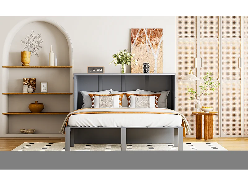 Lit escamotable 140x200 cm, avec sommier à lattes - Lit enfant / adulte - Bois gris