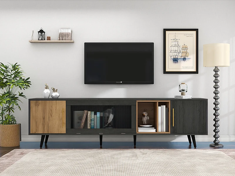 TV-meubel met 3 deuren - Glazen deur - Grijze houtnerf