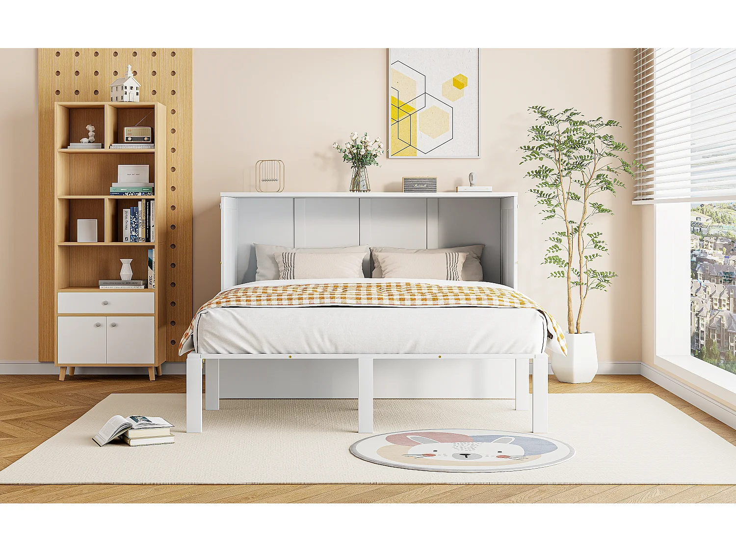 Lit escamotable 140x200 cm, avec sommier à lattes - Lit enfant / adulte - Bois blanc