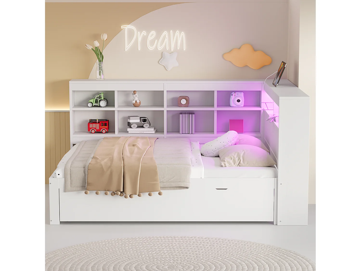 Lit banquette blanc 140x200cm avec LED. USB ,tiroir et rangement - Lit double en bois