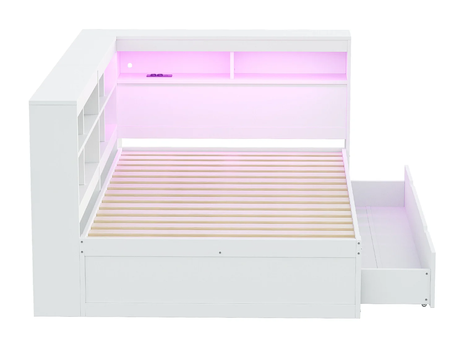 Lit banquette blanc 140x200cm avec LED. USB ,tiroir et rangement - Lit double en bois