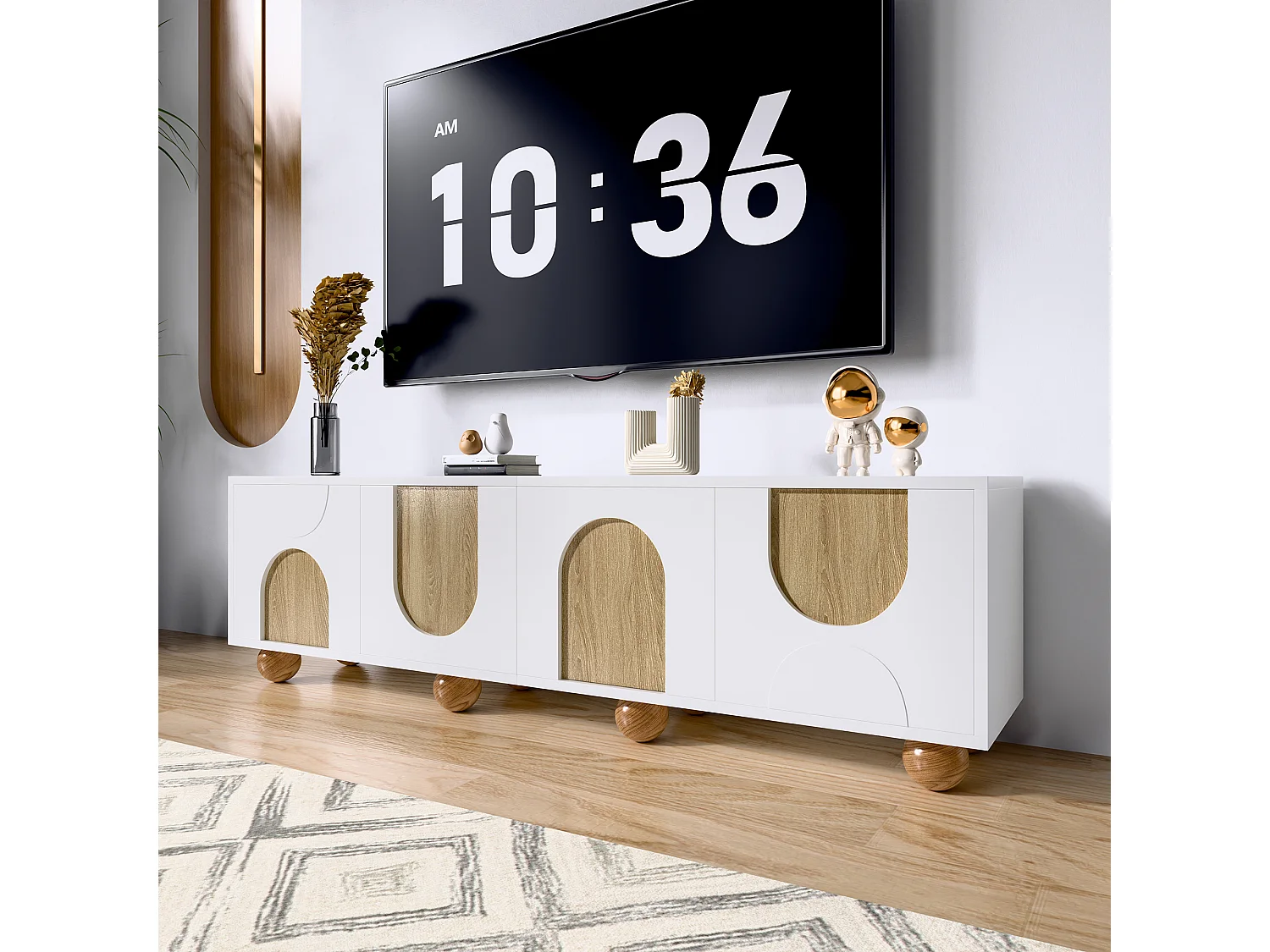Meuble TV avec 4 portes -Pieds ronds en bois - Veinage vintage -Blanc