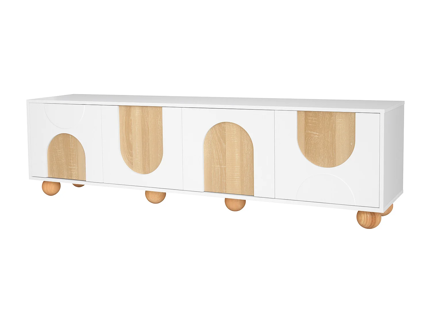 Meuble TV avec 4 portes -Pieds ronds en bois - Veinage vintage -Blanc