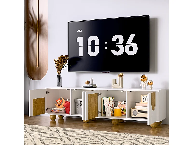 Meuble TV avec 4 portes -Pieds ronds en bois - Veinage vintage -Blanc