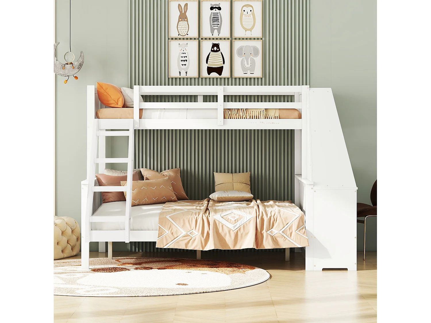 Stapelbed 90 x 200 cm en 140 x 200 cm - Kinderbed met tafel en 3 lades - Grenenhout en wit MDF