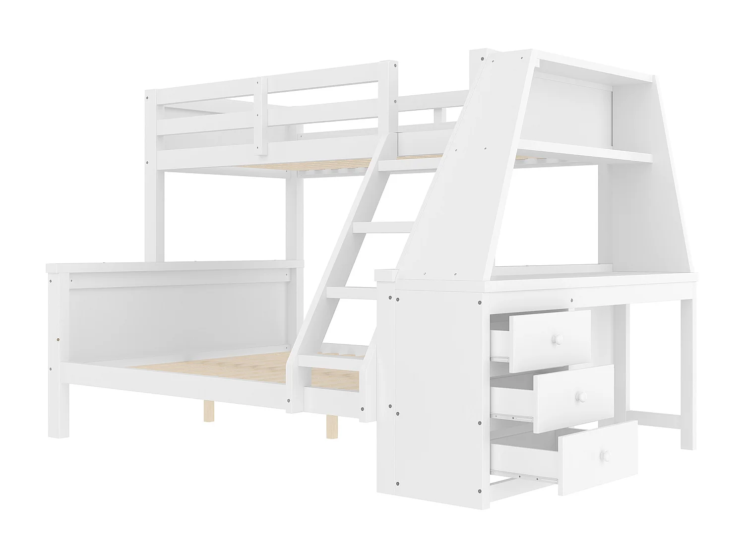 Stapelbed 90 x 200 cm en 140 x 200 cm - Kinderbed met tafel en 3 lades - Grenenhout en wit MDF