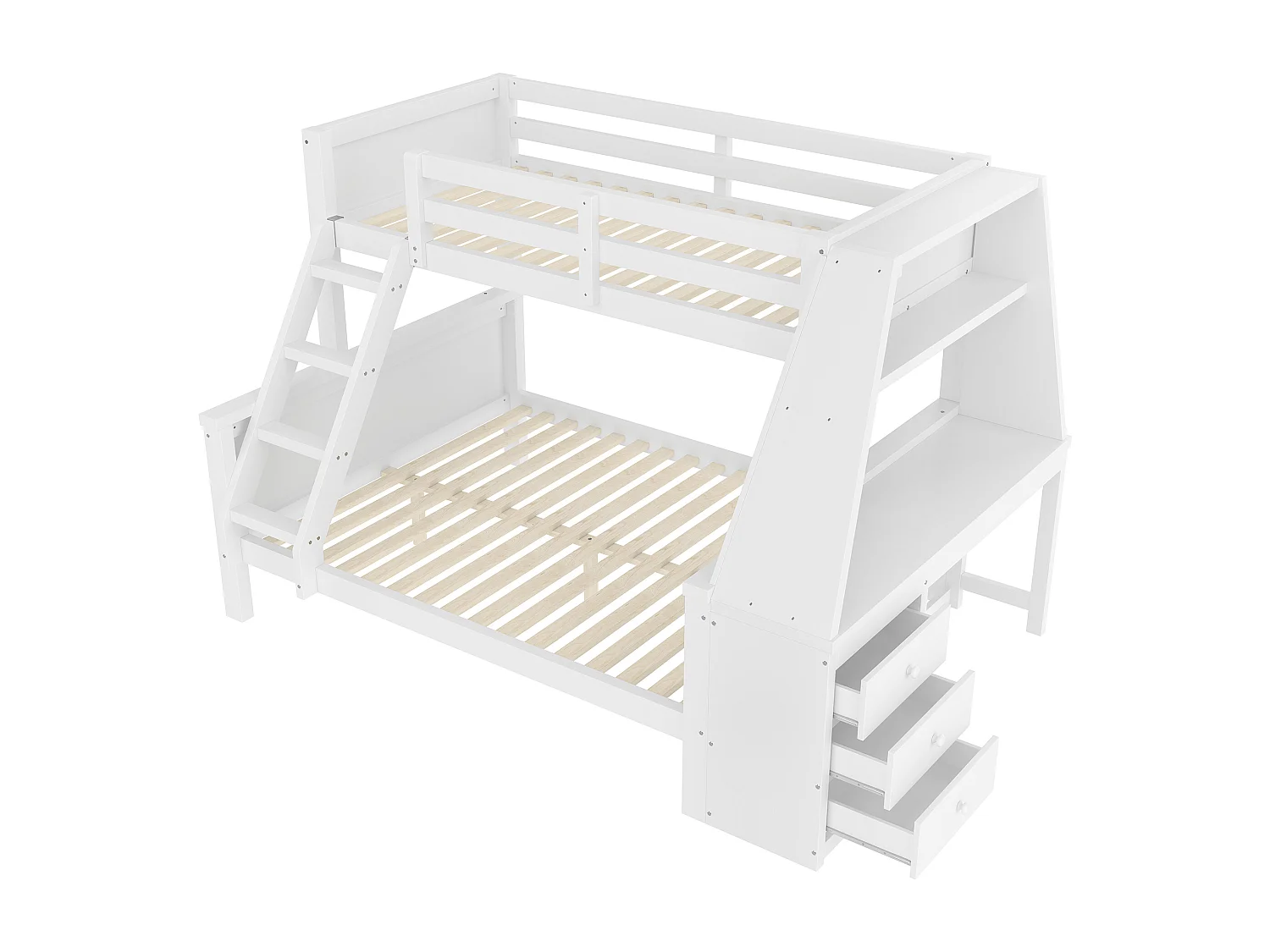 Stapelbed 90 x 200 cm en 140 x 200 cm - Kinderbed met tafel en 3 lades - Grenenhout en wit MDF