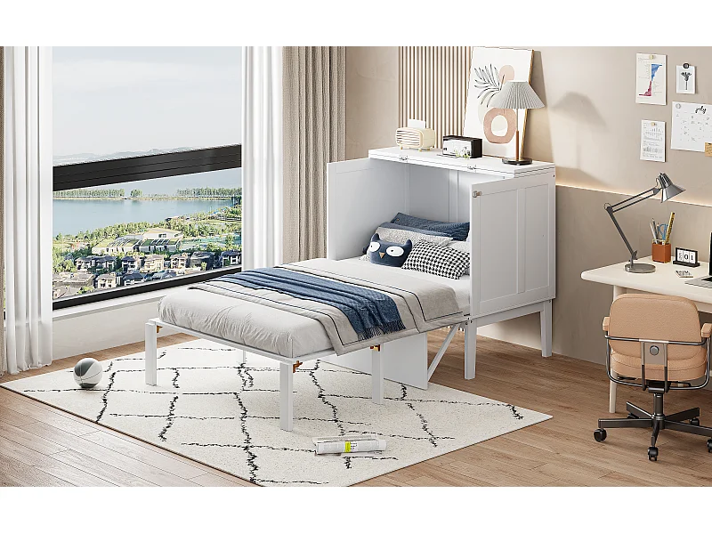 Lit escamotable 90x200 cm, avec sommier à lattes - Lit enfant / adulte - Bois blanc