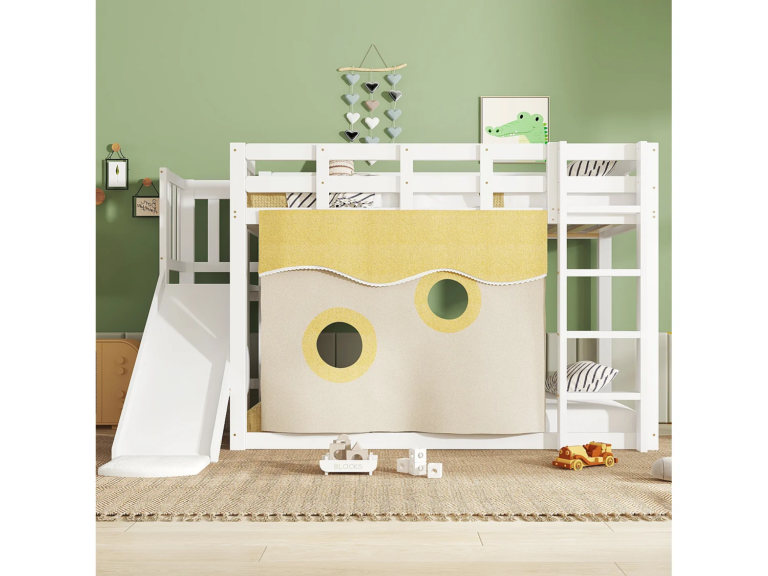 Lit superposé enfant 90x200cm avec escalier, rideaux et toboggan - Bois en pin et MDF - Blanc