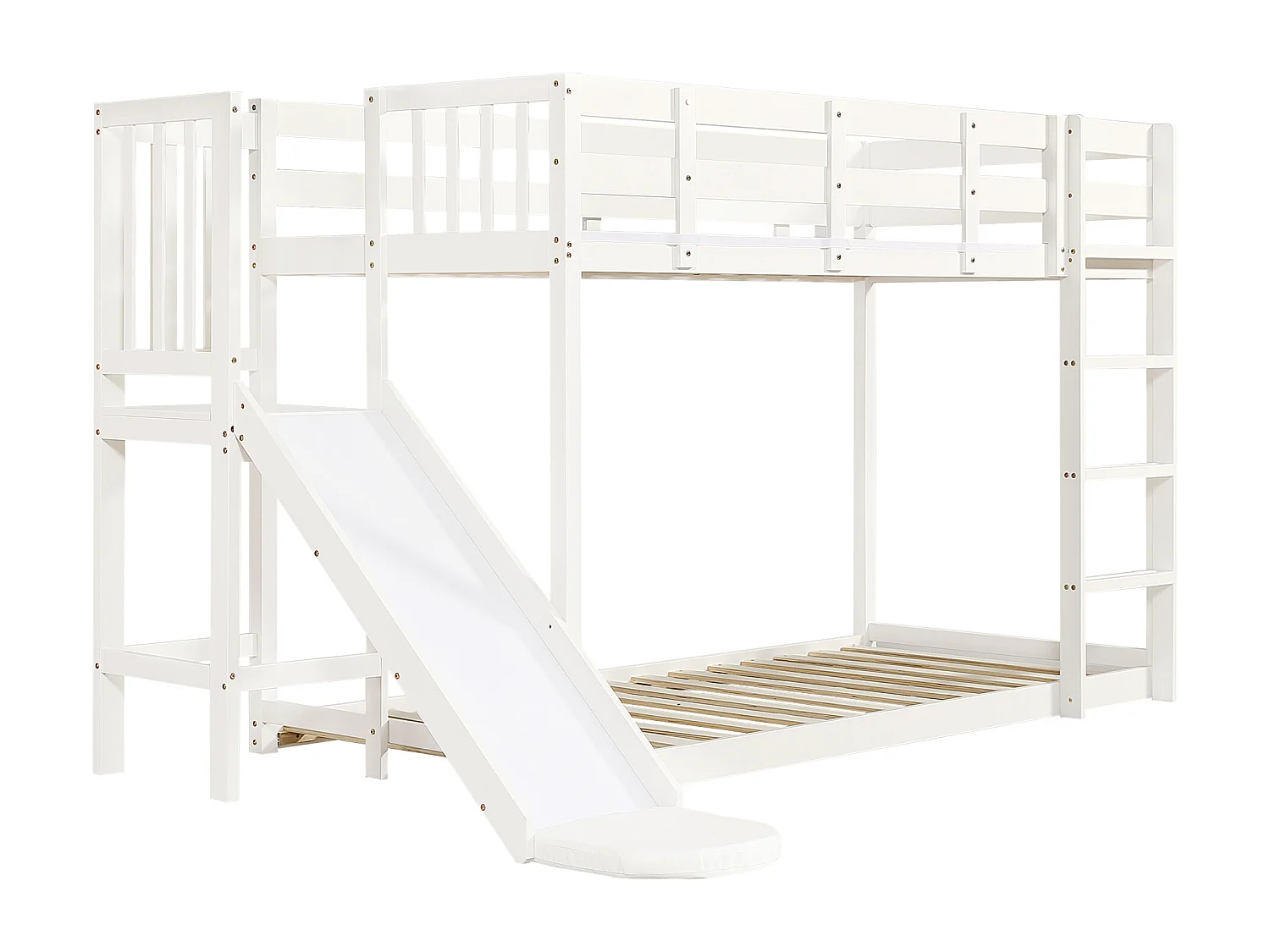 Lit superposé enfant 90x200cm avec escalier, rideaux et toboggan - Bois en pin et MDF - Blanc