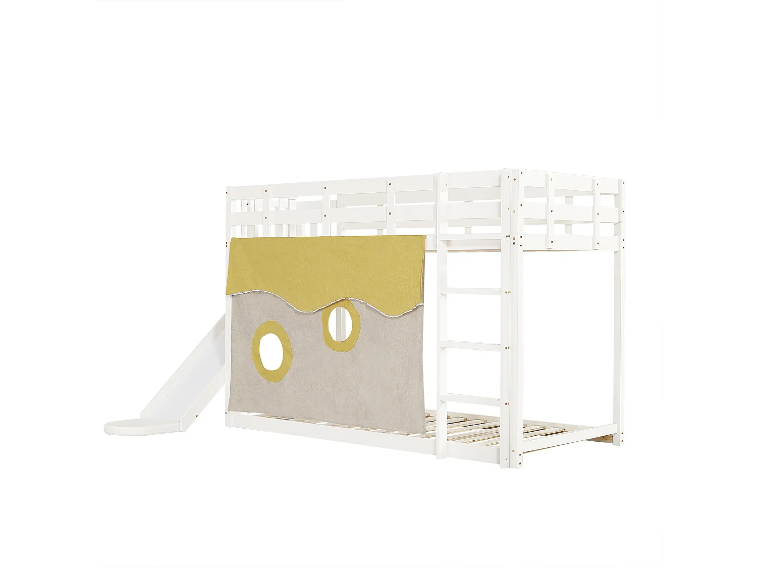 Lit superposé enfant 90x200cm avec escalier, rideaux et toboggan - Bois en pin et MDF - Blanc