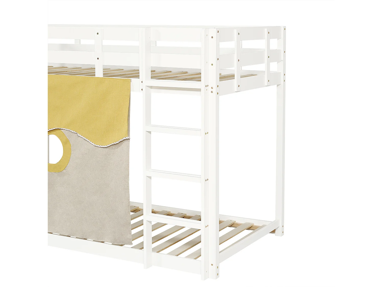 Lit superposé enfant 90x200cm avec escalier, rideaux et toboggan - Bois en pin et MDF - Blanc
