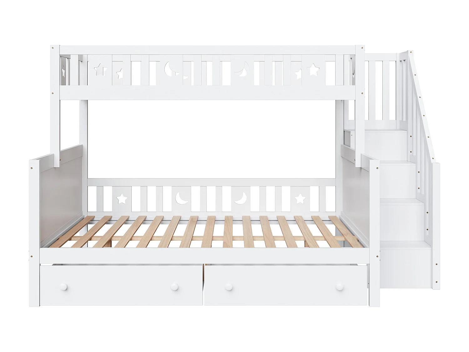 Lit superposé enfant 90x200 et 140x200cm avec 2 tiroirs et rangement - Sans matelas - Blanc