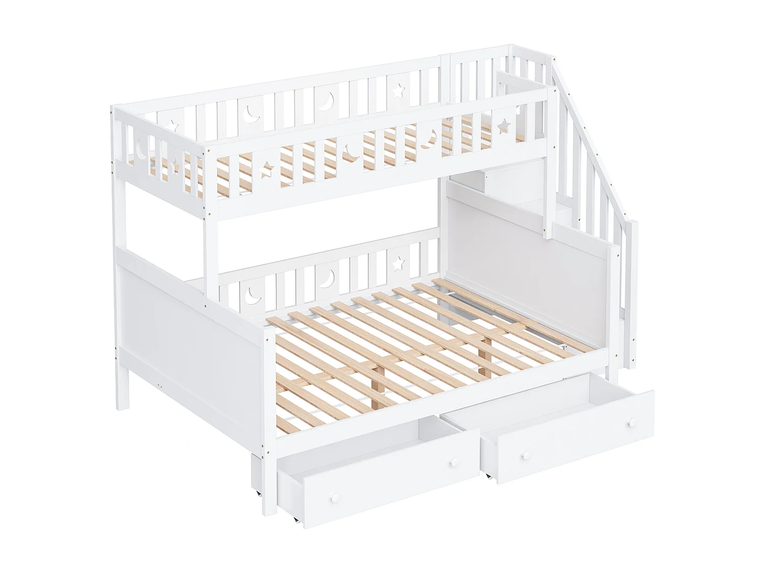 Lit superposé enfant 90x200 et 140x200cm avec 2 tiroirs et rangement - Sans matelas - Blanc