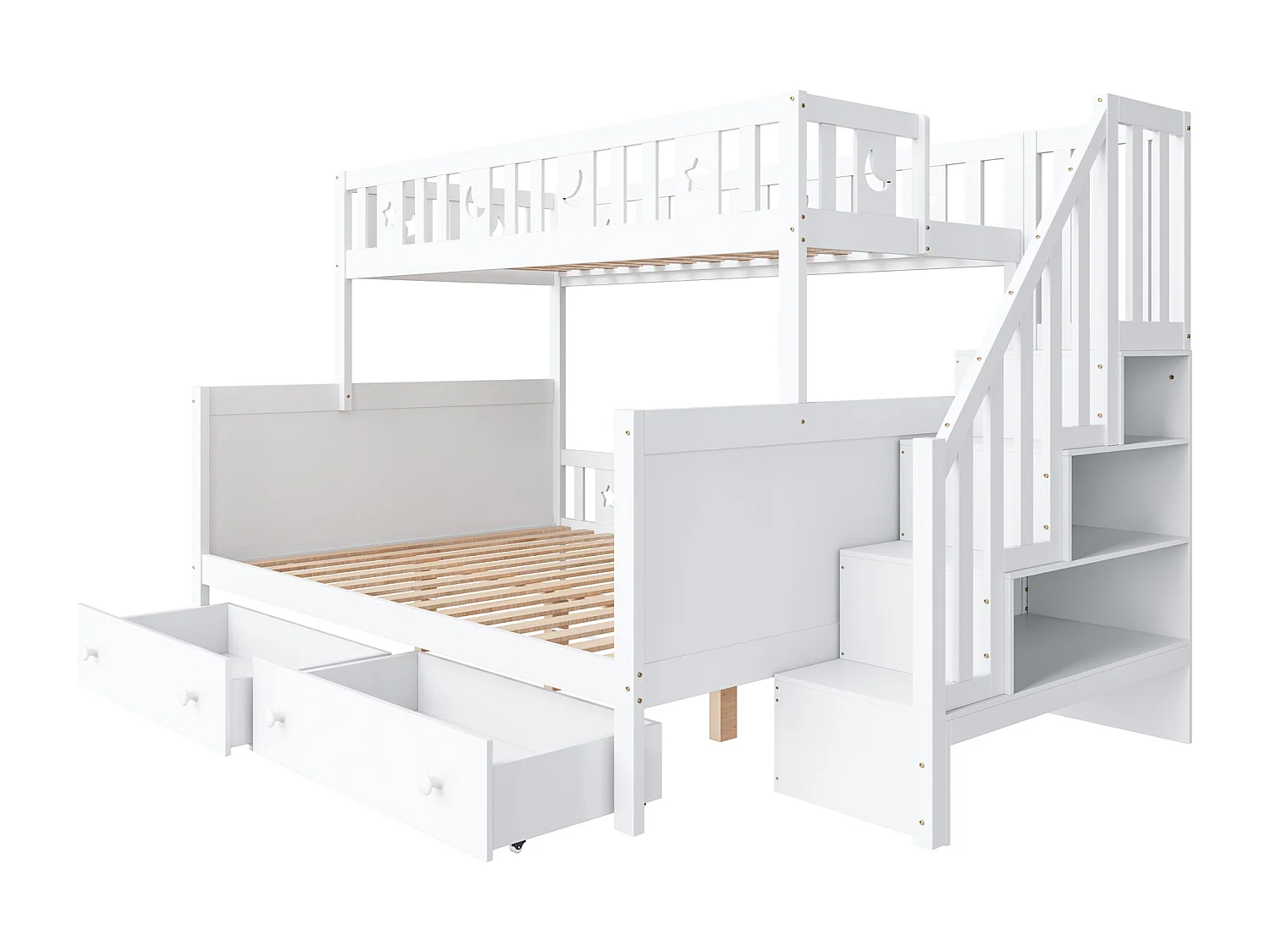 Lit superposé enfant 90x200 et 140x200cm avec 2 tiroirs et rangement - Sans matelas - Blanc