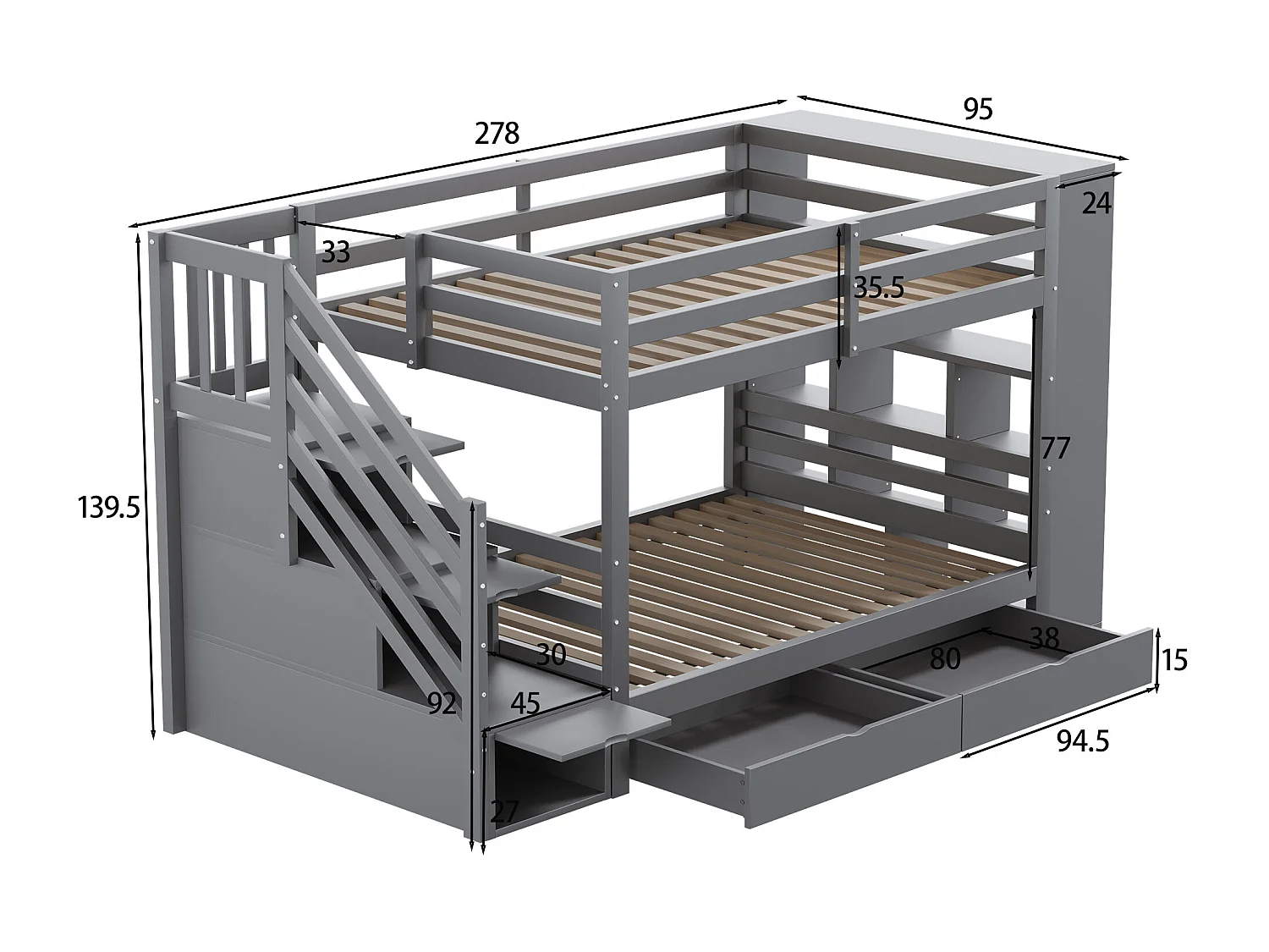 Lit superposé enfant 90 x 200 cm avec 2 tiroirs , escalier de rangement et étagères - Bois gris (sans matelas)