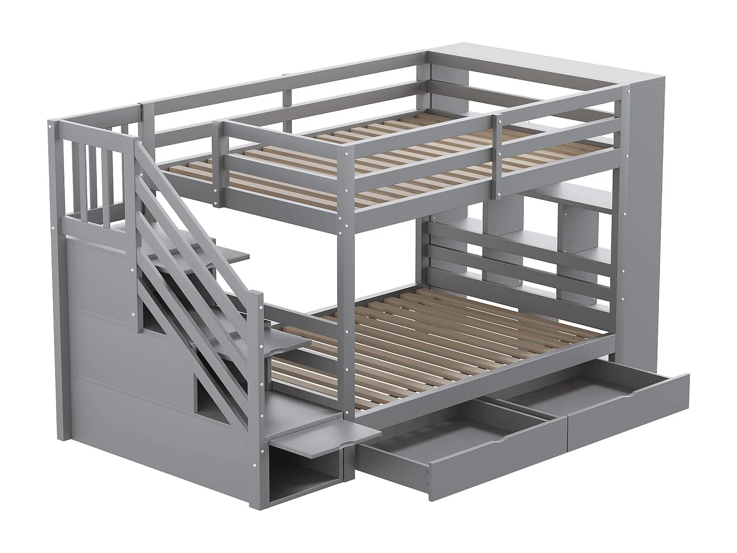 Lit superposé enfant 90 x 200 cm avec 2 tiroirs , escalier de rangement et étagères - Bois gris (sans matelas)