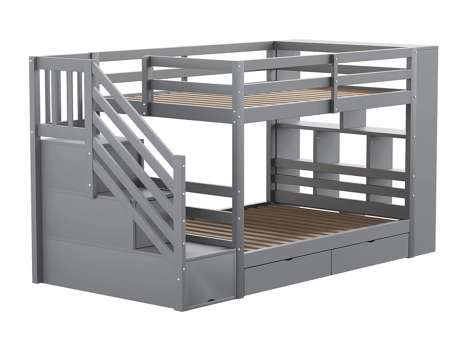 Lit superposé enfant 90 x 200 cm avec 2 tiroirs , escalier de rangement et étagères - Bois gris (sans matelas)