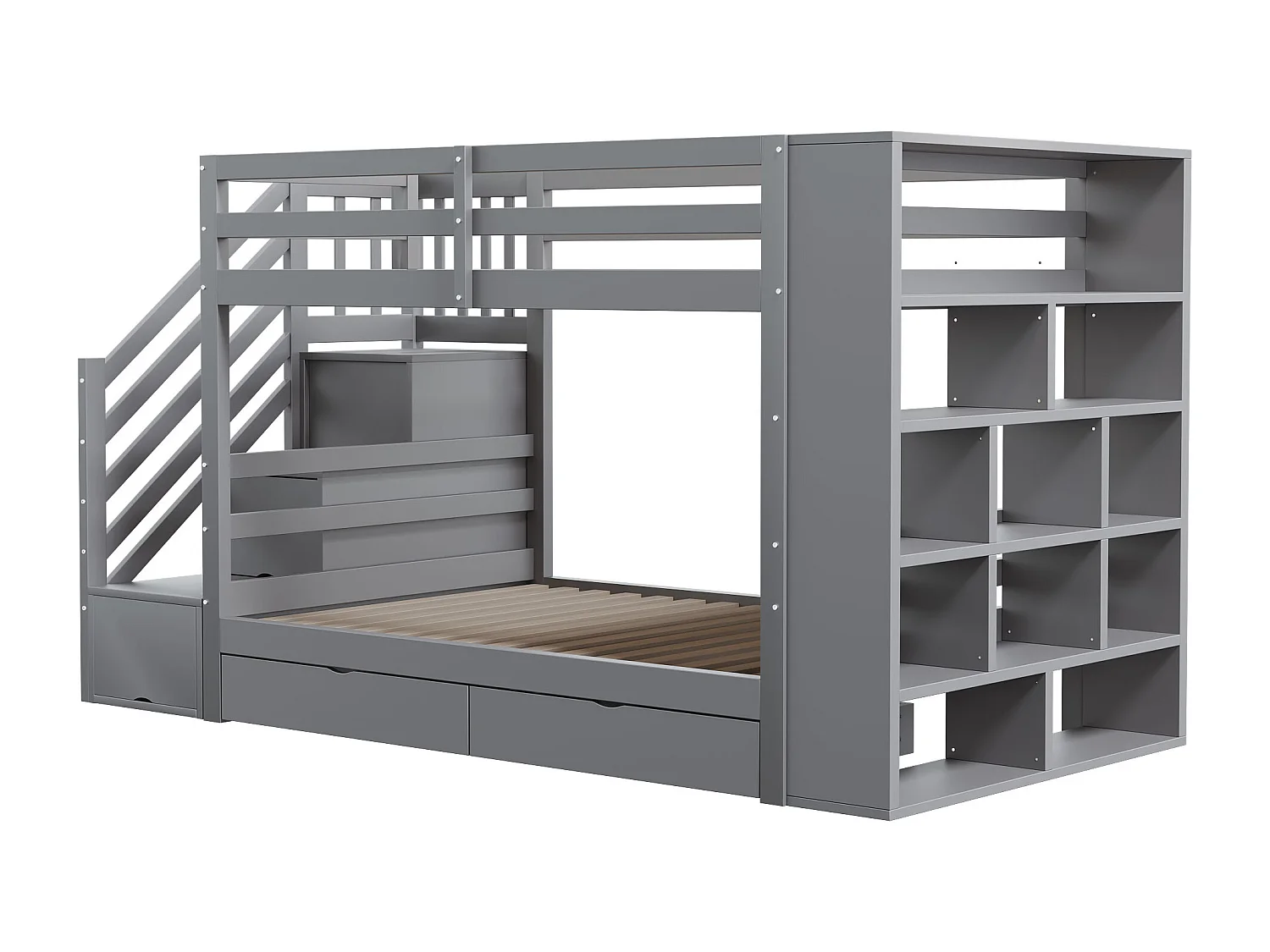 Lit superposé enfant 90 x 200 cm avec 2 tiroirs , escalier de rangement et étagères - Bois gris (sans matelas)