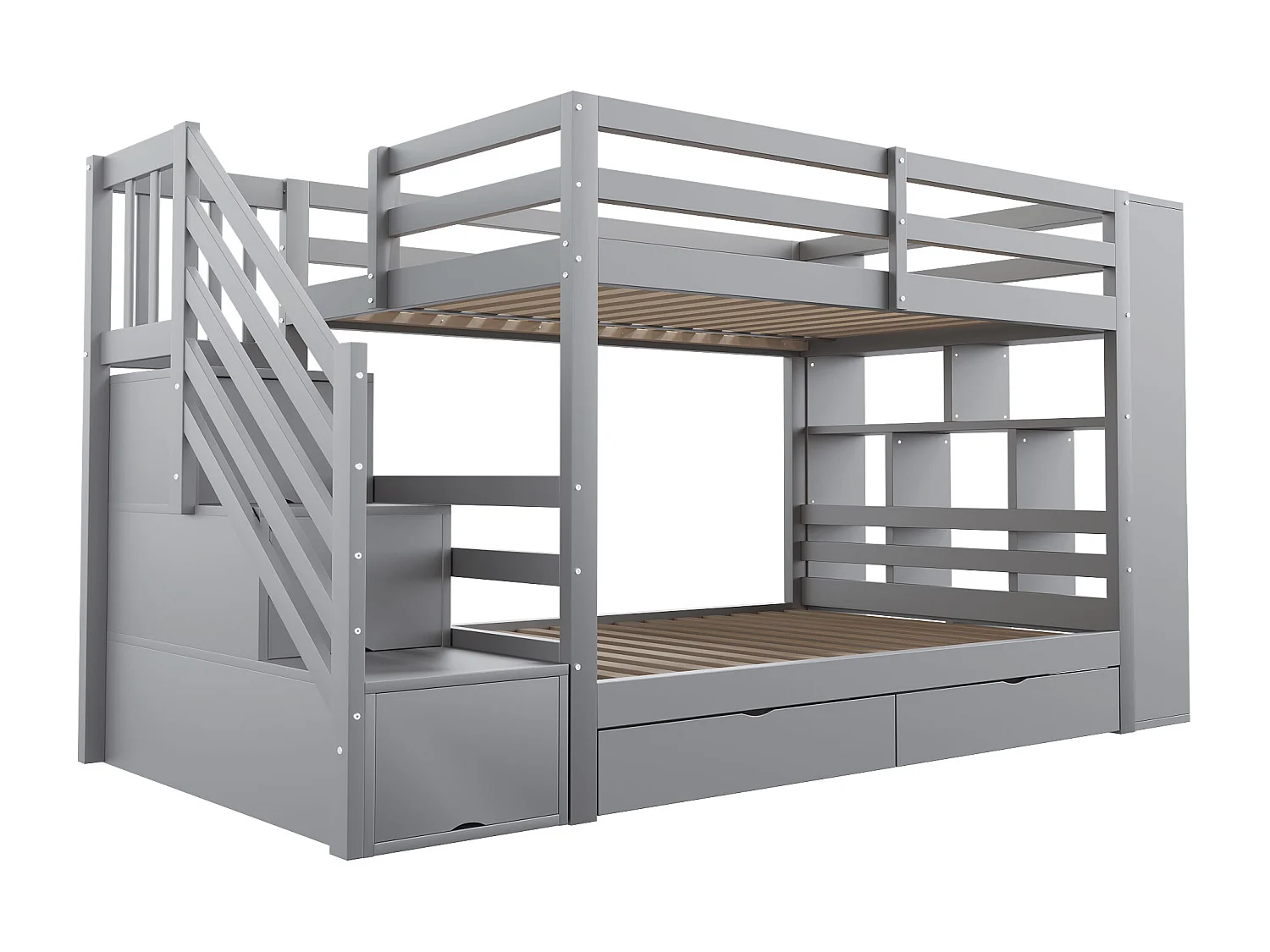 Lit superposé enfant 90 x 200 cm avec 2 tiroirs , escalier de rangement et étagères - Bois gris (sans matelas)