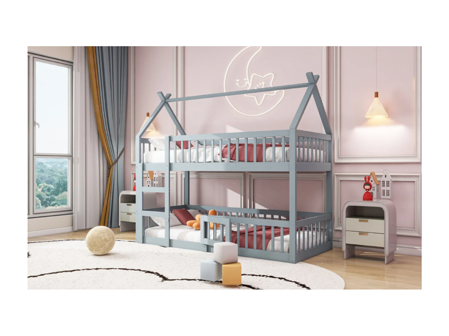 Lit superposé enfant 90x200 avec barrière de sécurité - Lit cabane en bois - Gris