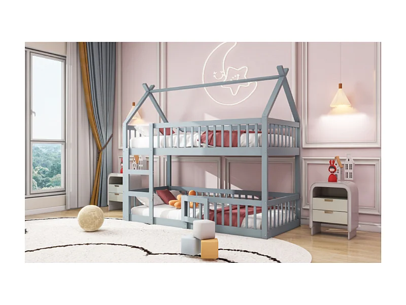 Lit superposé enfant 90x200 avec barrière de sécurité - Lit cabane en bois - Gris