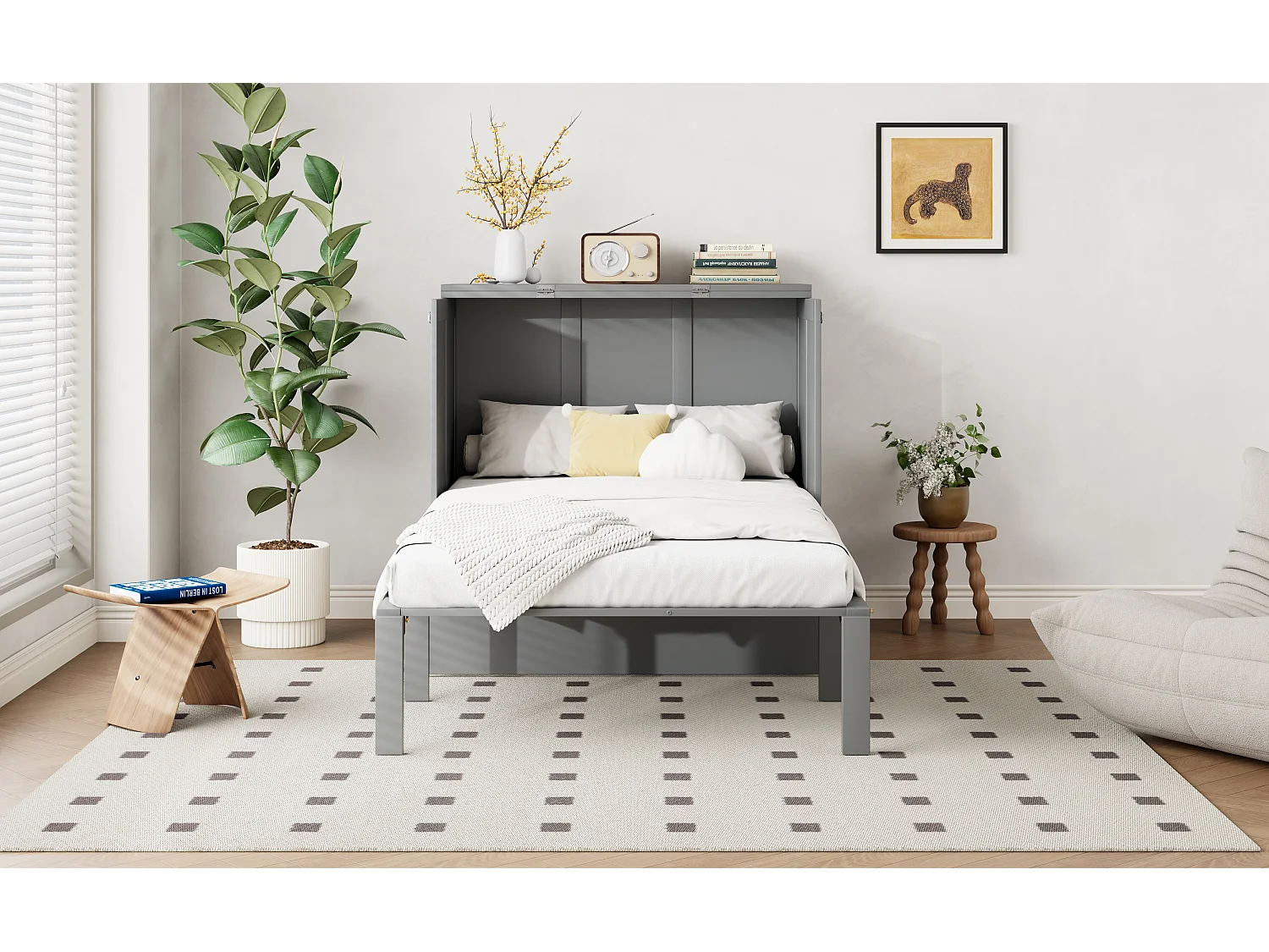 Lit escamotable 90x200 cm, avec sommier à lattes - Lit enfant / adulte - Bois gris