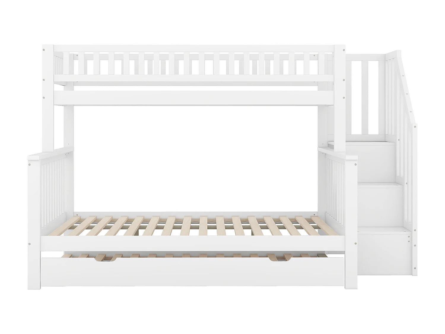 Lit superposé 90 x 200 cm et 140 x 200 cm avec lit gigogne 90x190cm - Escalier de rangement - Bois blanc