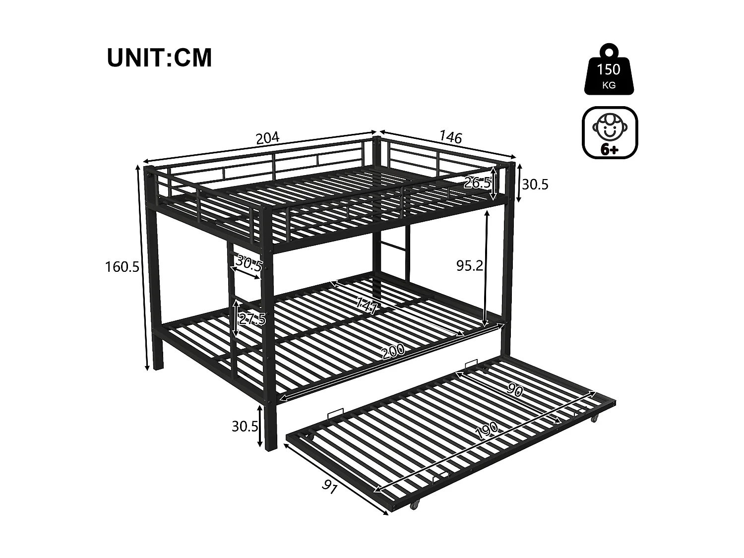 Beliche 140x200cm com cama auxiliar 90x190cm - Estrutura metálica com grades de segurança - Preto