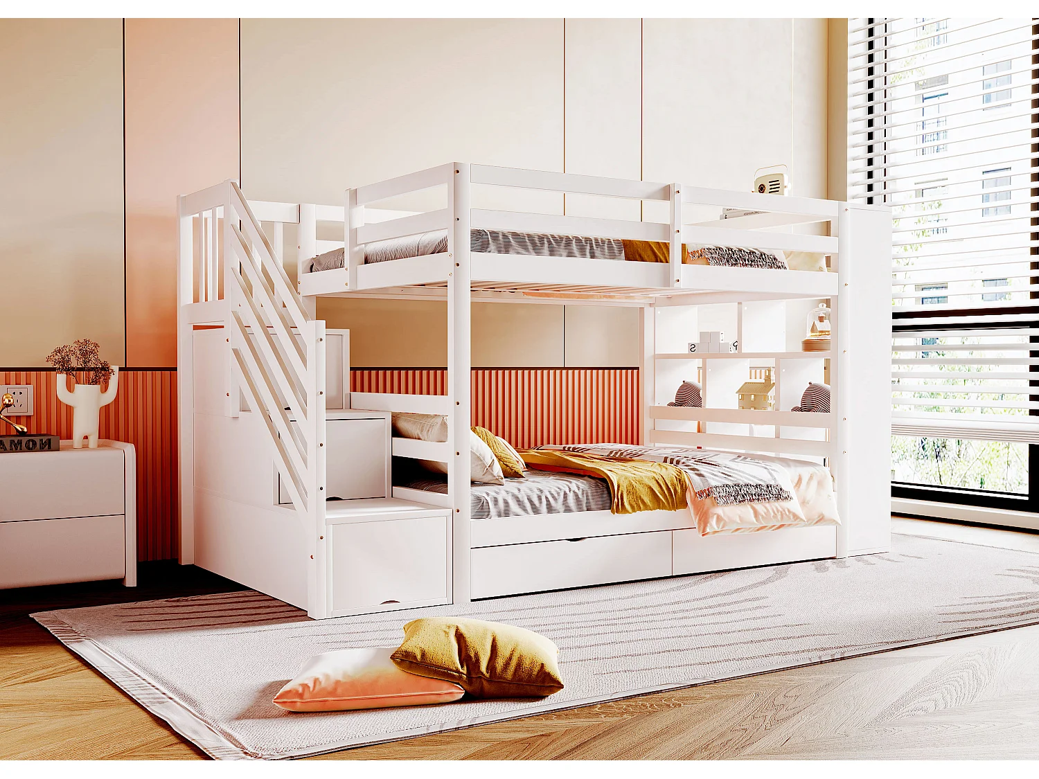 Lit superposé enfant 90 x 200 cm avec 2 tiroirs , escalier de rangement et étagères - Bois blanc (sans matelas)