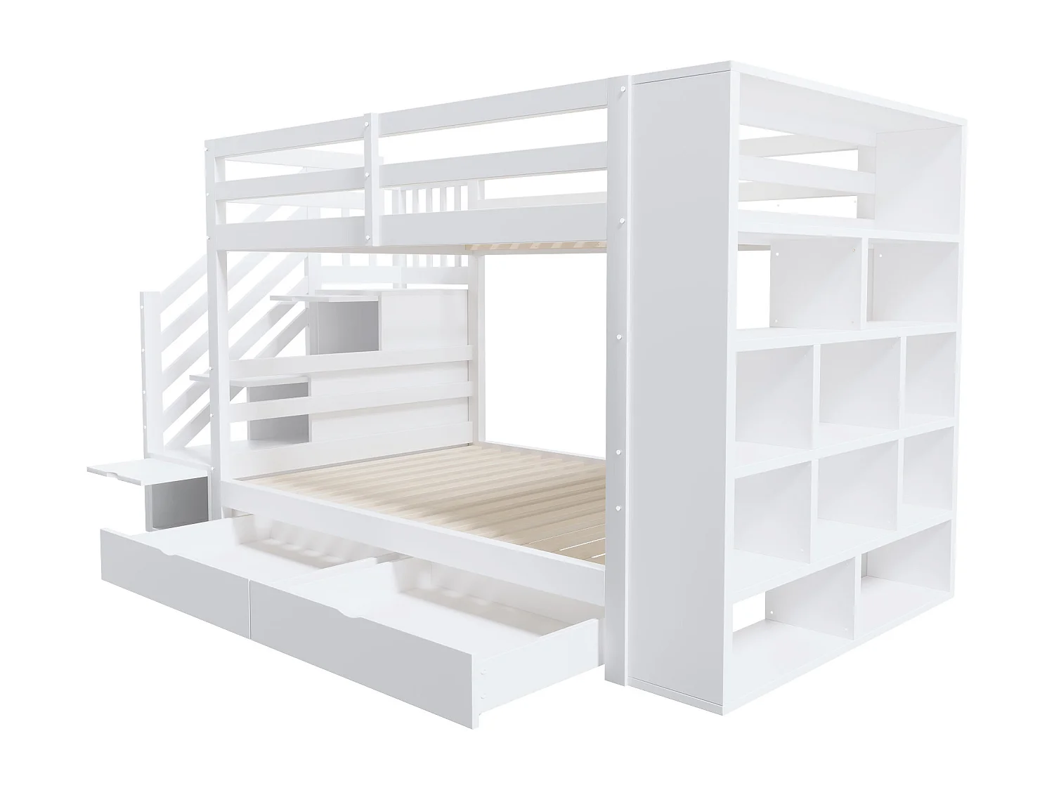 Lit superposé enfant 90 x 200 cm avec 2 tiroirs , escalier de rangement et étagères - Bois blanc (sans matelas)