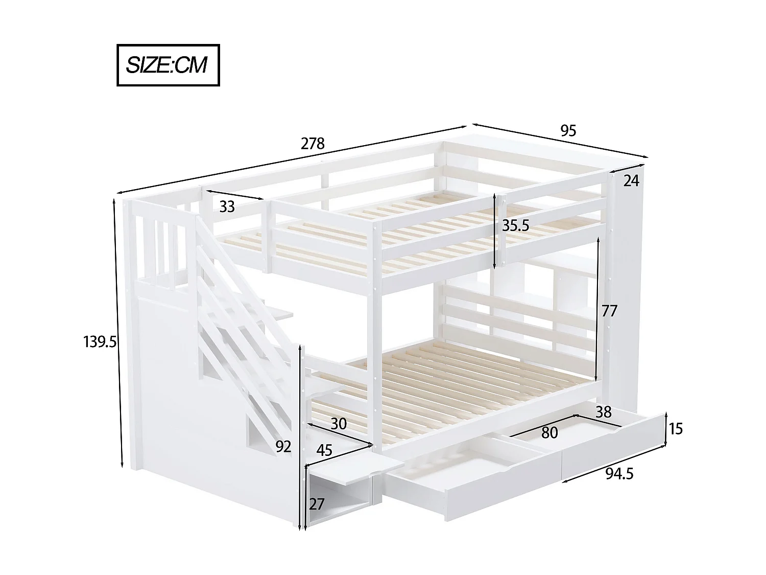 Lit superposé enfant 90 x 200 cm avec 2 tiroirs , escalier de rangement et étagères - Bois blanc (sans matelas)